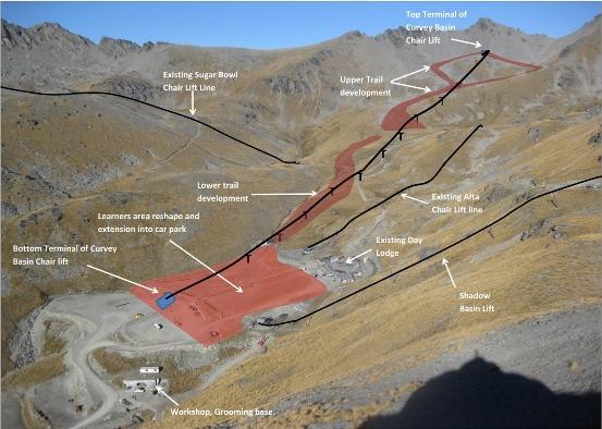 Aerial view of The Remarkables ski area showing existing lift lines and the new proposed route!