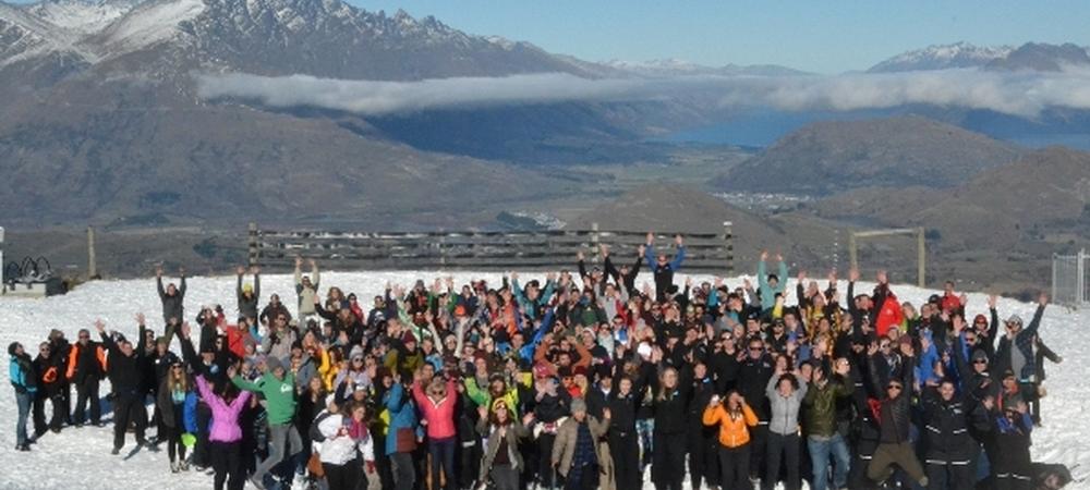 New NZSki staff on Coronet Peak yesterday with The Remarkables in the background
