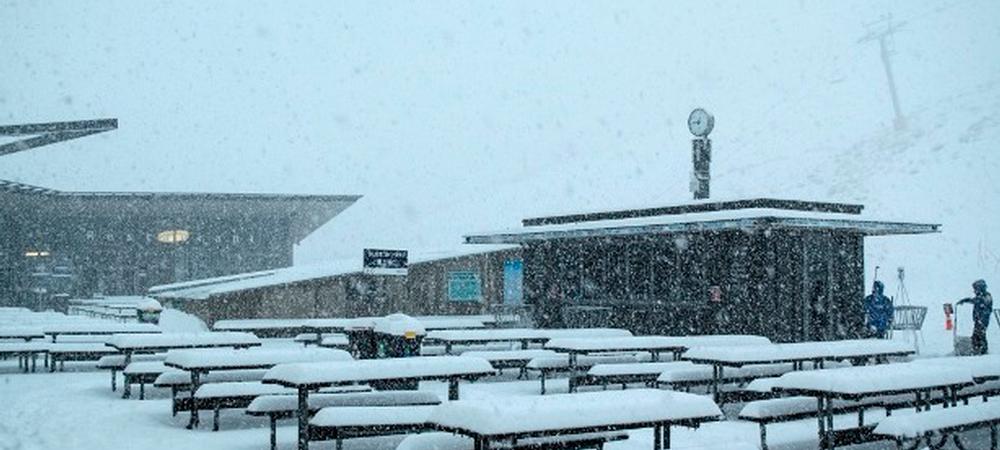 Snow covered picnic tables