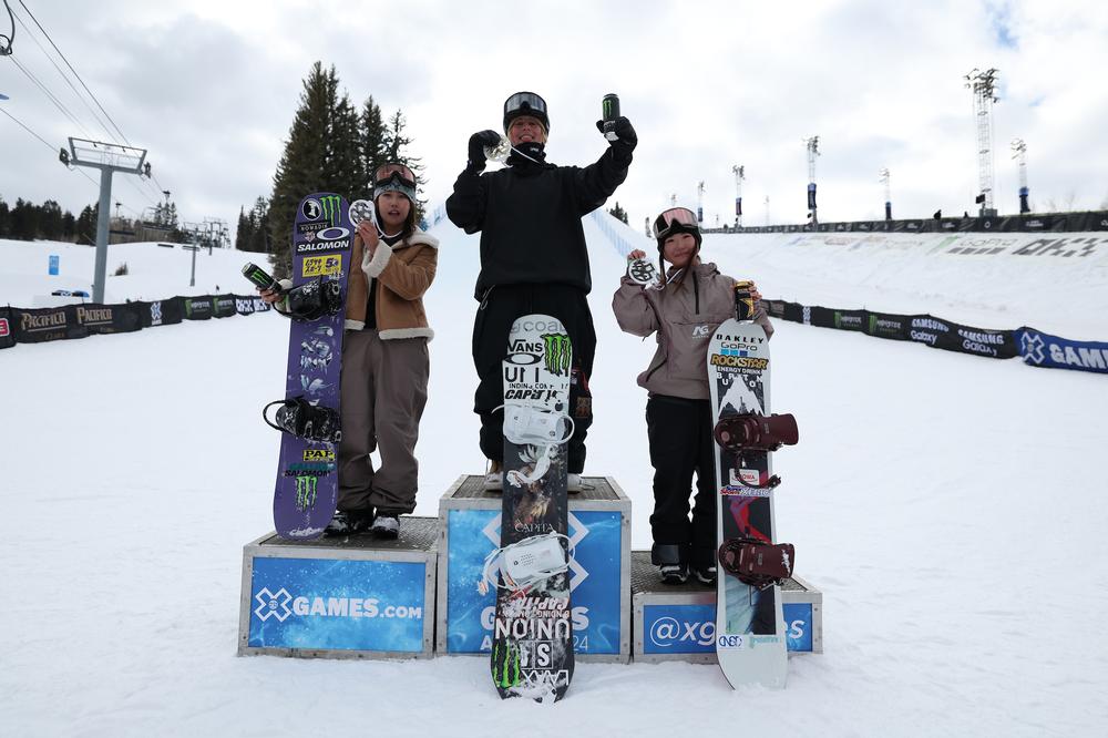 Kokomo Murase, Mia Brookes, and Reira Iwabuchi at the podium during Women's Snowboard Slopestyle at 2024 X Games