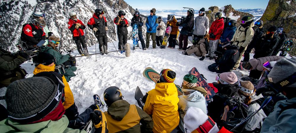 Travis Rice and the Jackson Hole ski patrol give a presentation during the course preview day