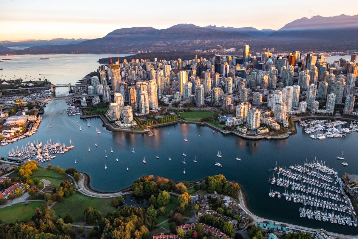 City aerial over False Creek facing northwest in the morning