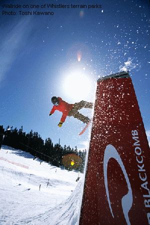 Wallride on one of Whistlers terrain parks